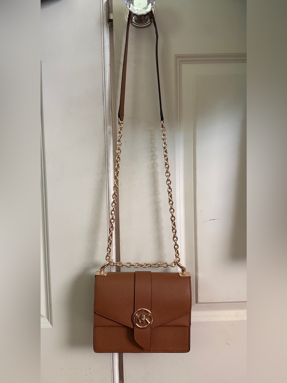 Michael Kors Tan Leather Crossbody with Gold Chain Strap